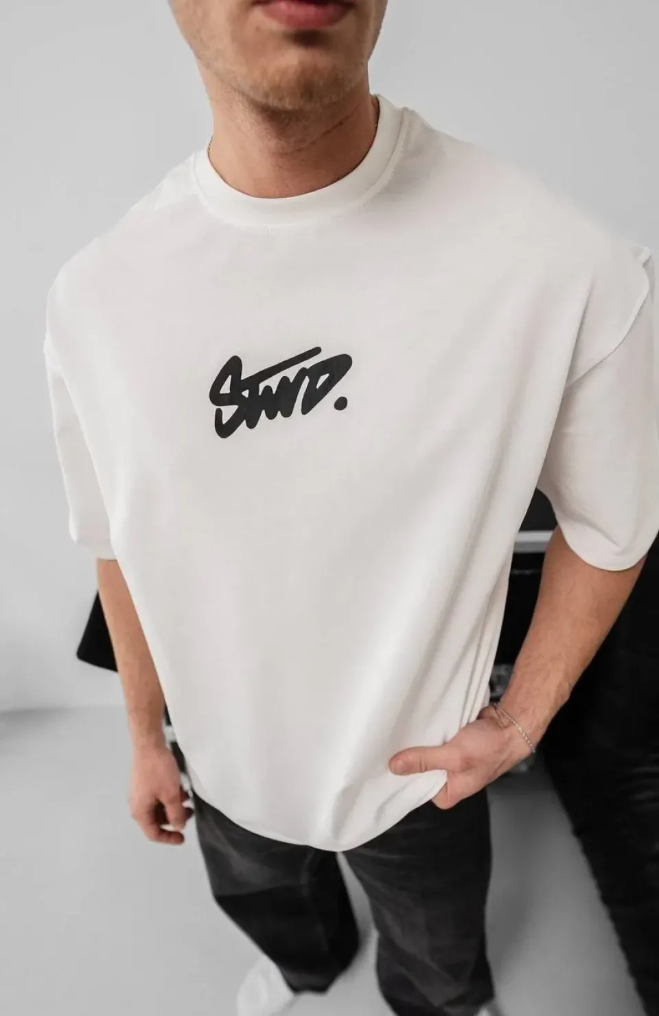 Erkek Baskılı Oversize T-shirt - Beyaz