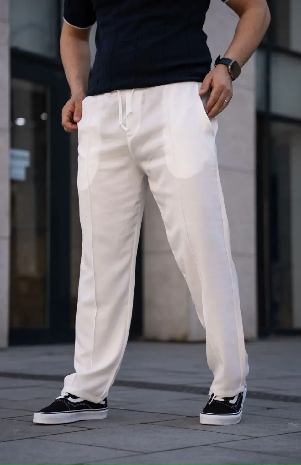 Erkek Keten Cepli Çıma Dikişli jogger Buggy Pantalon Rahat kalıp - Beyaz