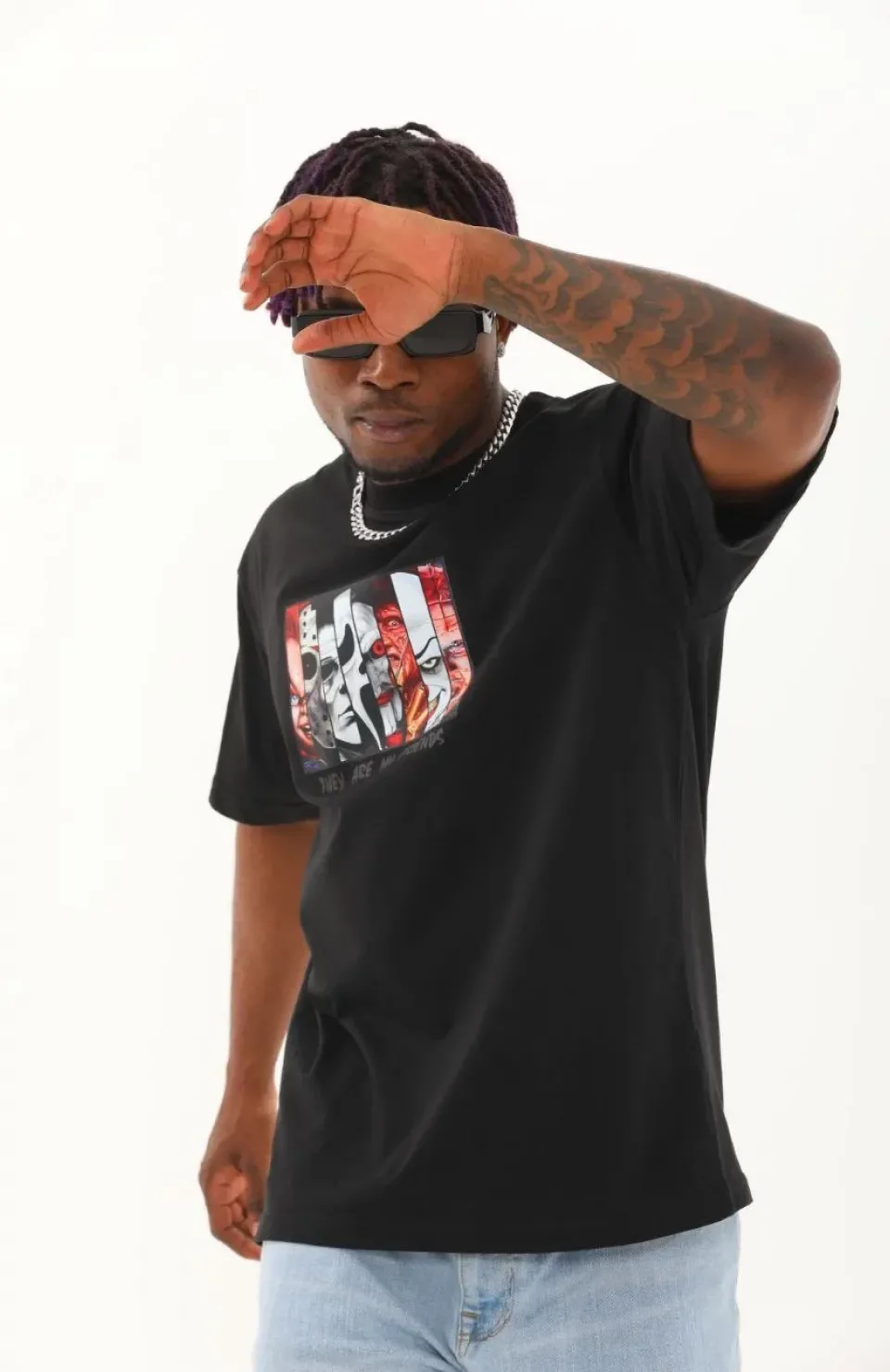 Unisex Oversize Baskılı Bisiklet Yaka T-Shirt - Siyah