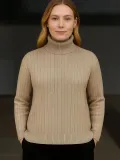 Kadın Balıkcı Yaka Bağazlı Triko Kazak Pamuklu Kalın Fitilli Dokuma - Bej