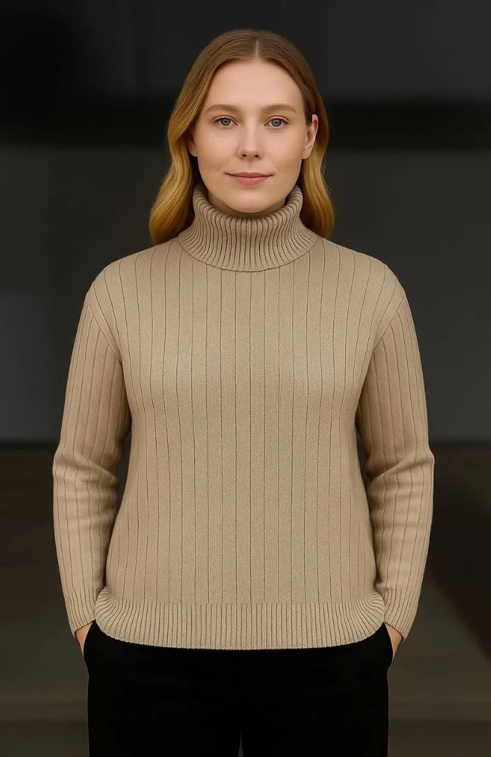 Kadın Balıkcı Yaka Bağazlı Triko Kazak Pamuklu Kalın Fitilli Dokuma - Bej