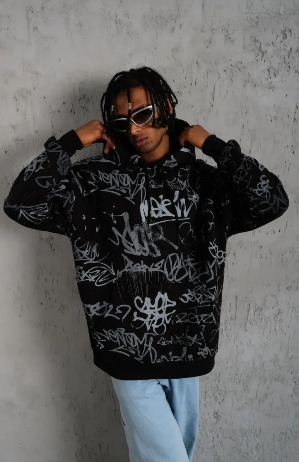 Erkek Baskılı Kapüşonlu Ribanalı Sweat - Siyah Somersan Giyim | Kadın, Erkek ve Çocuk Moda