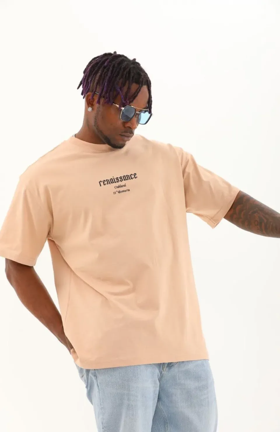 Unisex Oversize Baskılı Bisiklet Yaka T-Shirt - Bej