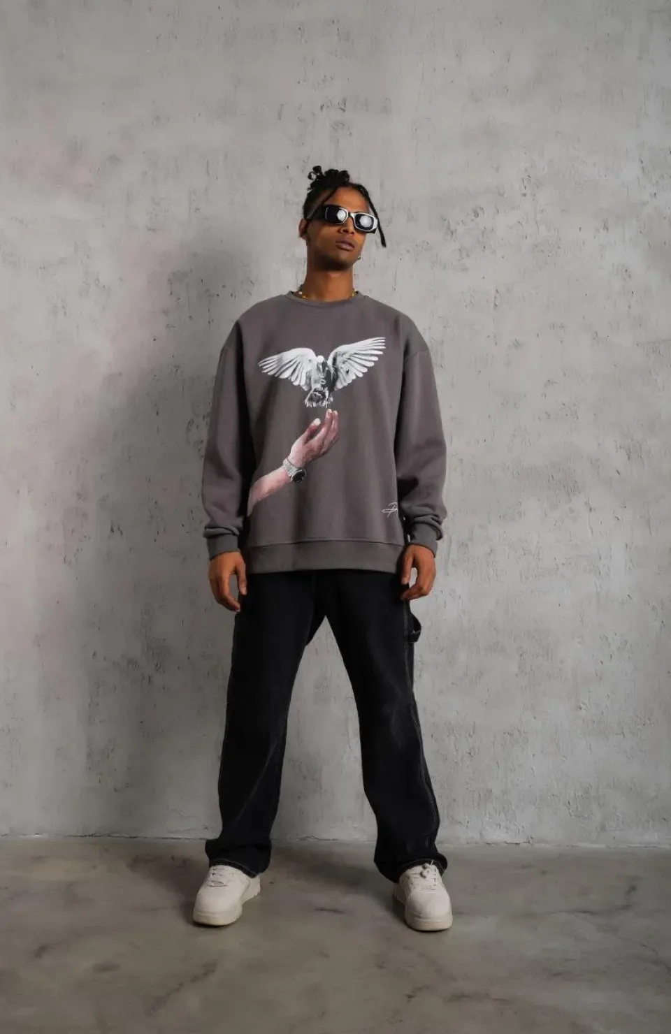 Erkek Güvercin Baskılı Sweatshirt - Gri Somersan Giyim | Kadın, Erkek ve Çocuk Moda