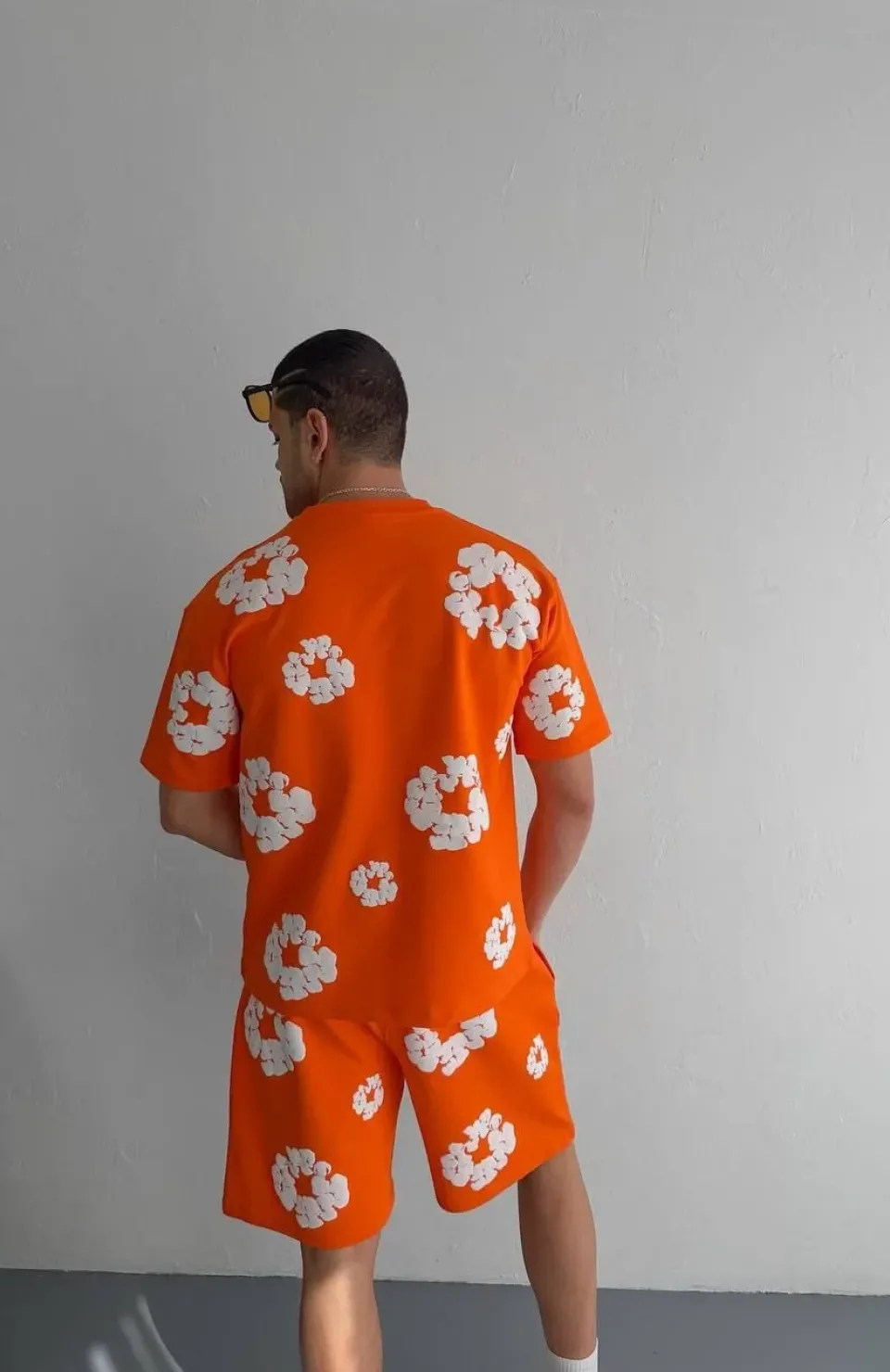 İki İplik Kumaş Baskılı T-shirt Şortlu Takım- Turuncu