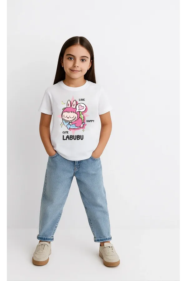Kız Labubu Çocuk Baskılı T-Shirt - Beyaz
