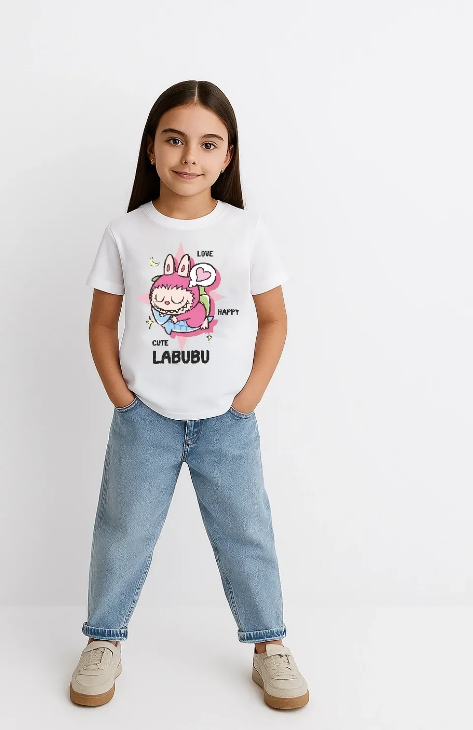 Kız Labubu Çocuk Baskılı T-Shirt - Beyaz