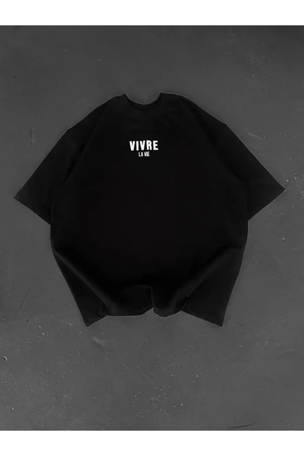 Baskılı Oversize Bisiklet Yaka T-shirt - Siyah