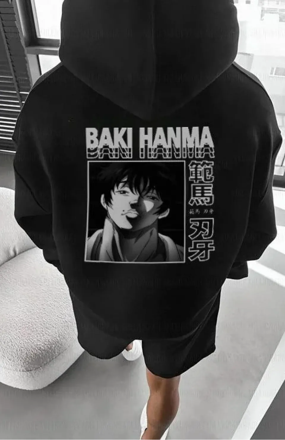 Erkek Baskılı Kapüşonlu ve Kordon İpli Sweat - Siyah