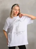 Unisex Taş Desenli Oversize T-Shirt - Beyaz