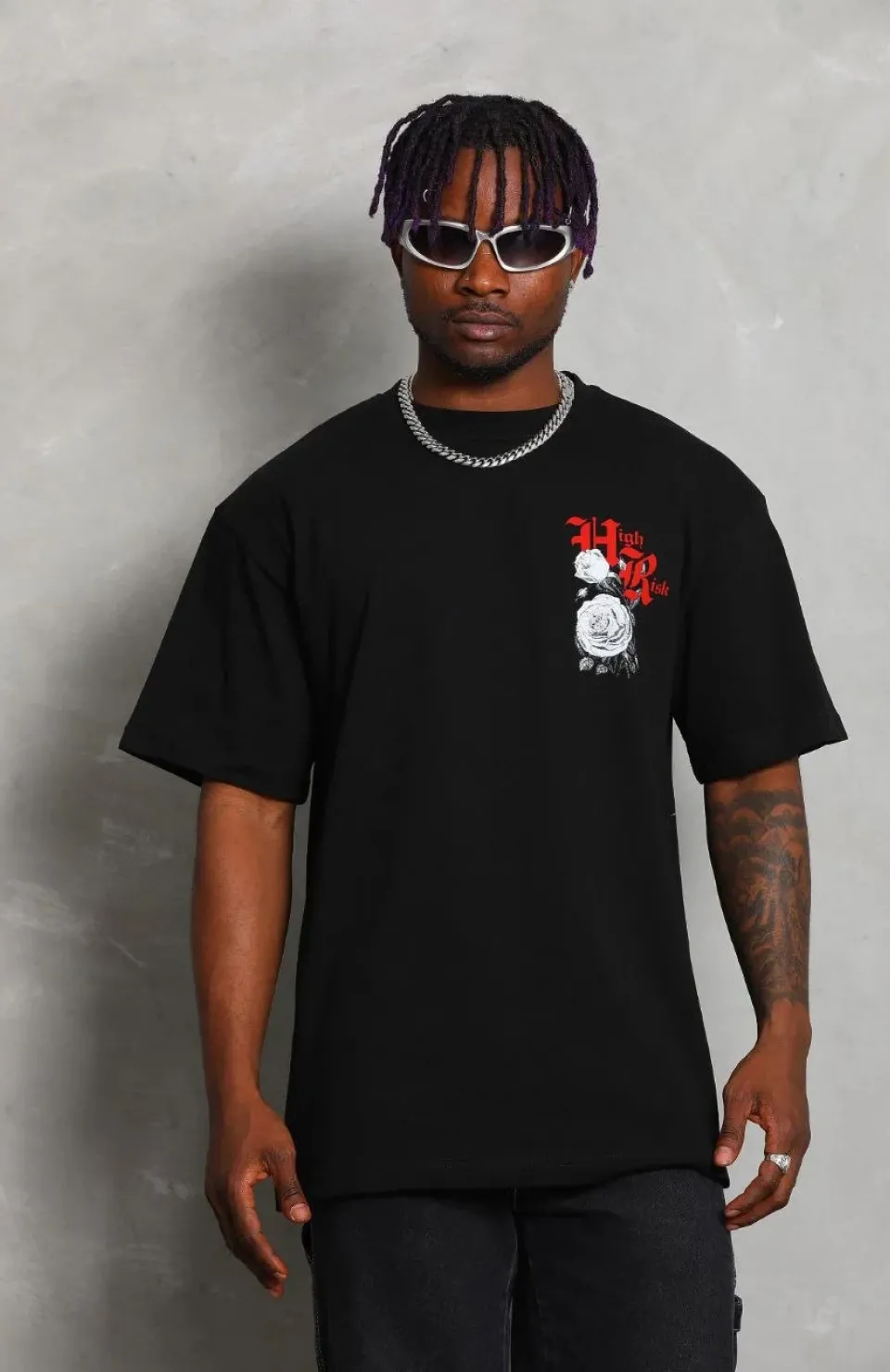 Unisex Oversize Baskılı Bisiklet Yaka T-Shirt - Siyah