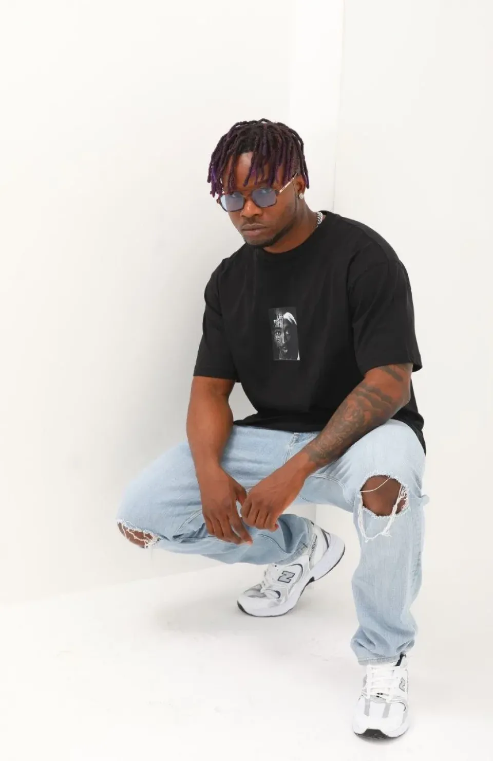 Unisex Oversize Baskılı Bisiklet Yaka T-Shirt - Siyah