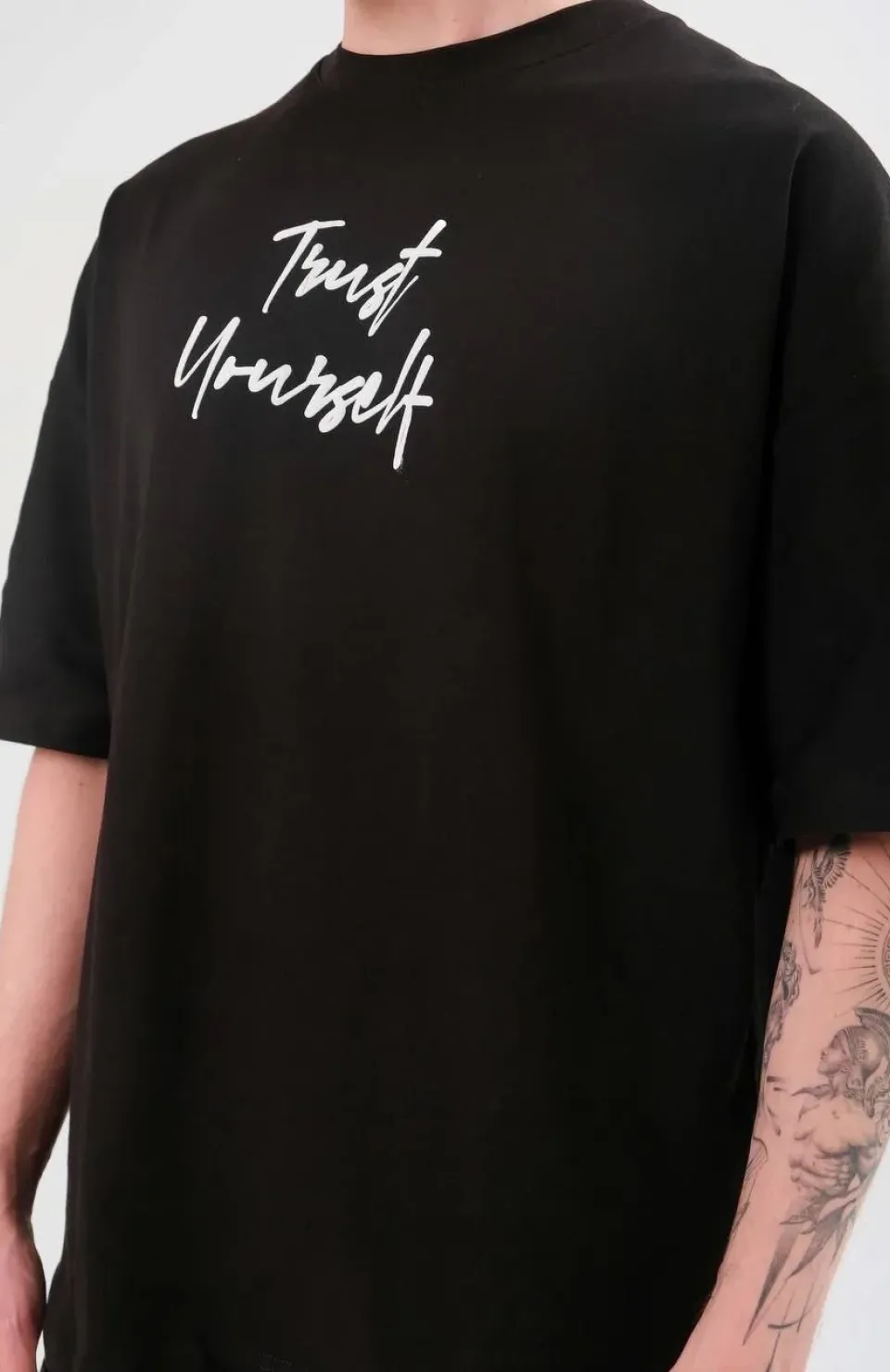 Unisex Bisiklet Yaka Baskılı Oversize T-Shirt - Siyah