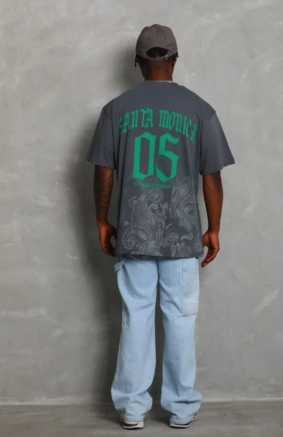 Unisex Oversize Baskılı Bisiklet Yaka T-Shirt - Füme