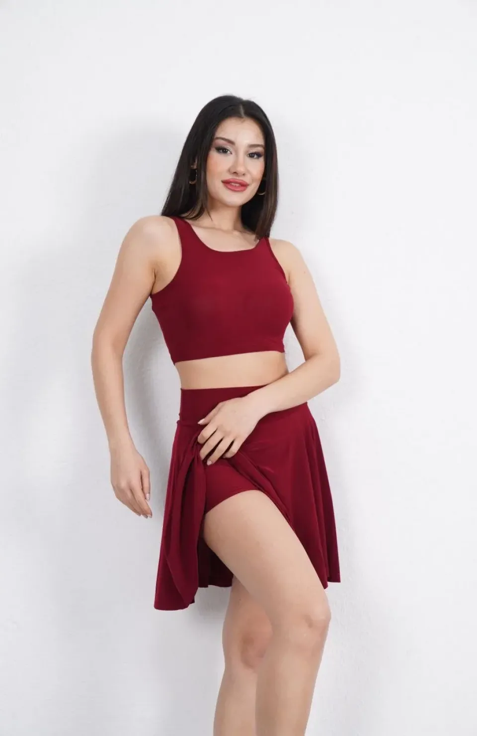 Sendy Kumaş Bisiklet Yaka Crop Şortlu Etek ikili Takım - Bordo