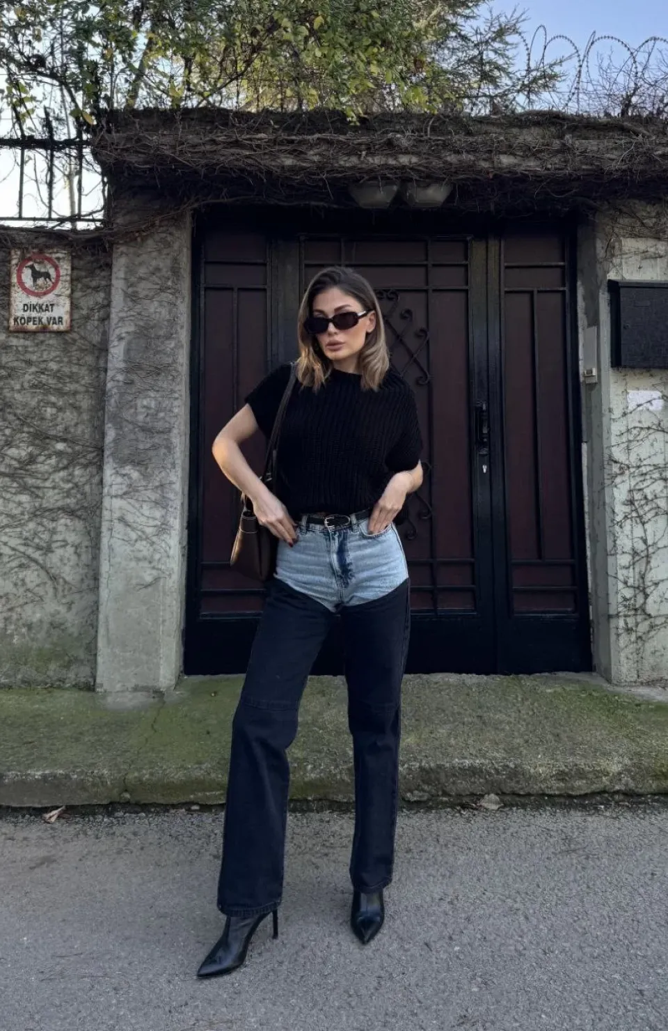 Kadın Jeans Kot Parçalı Palazzo Pantolon - Siyah