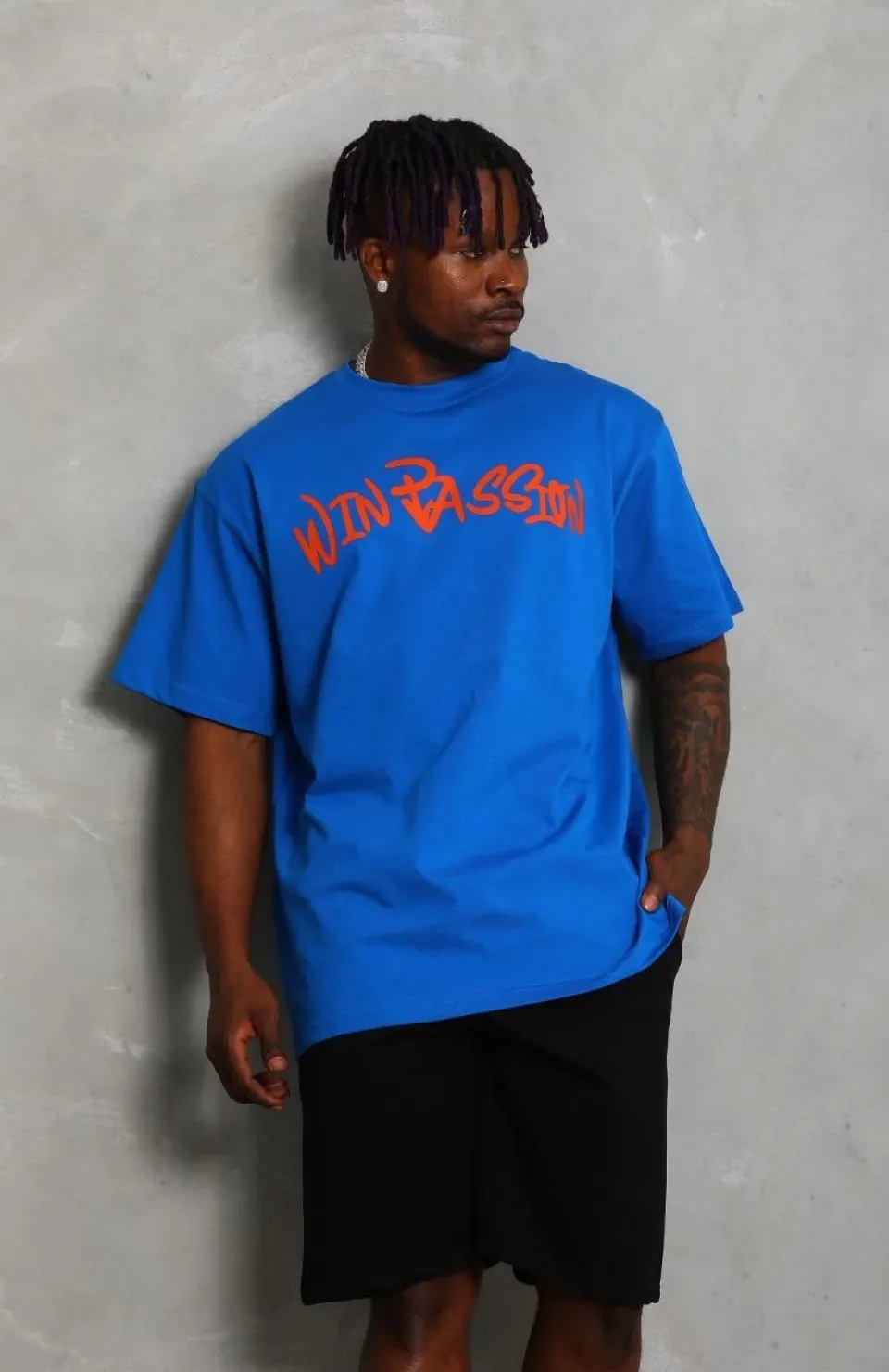 Unisex Oversize Baskılı Bisiklet Yaka T-Shirt - Mavi