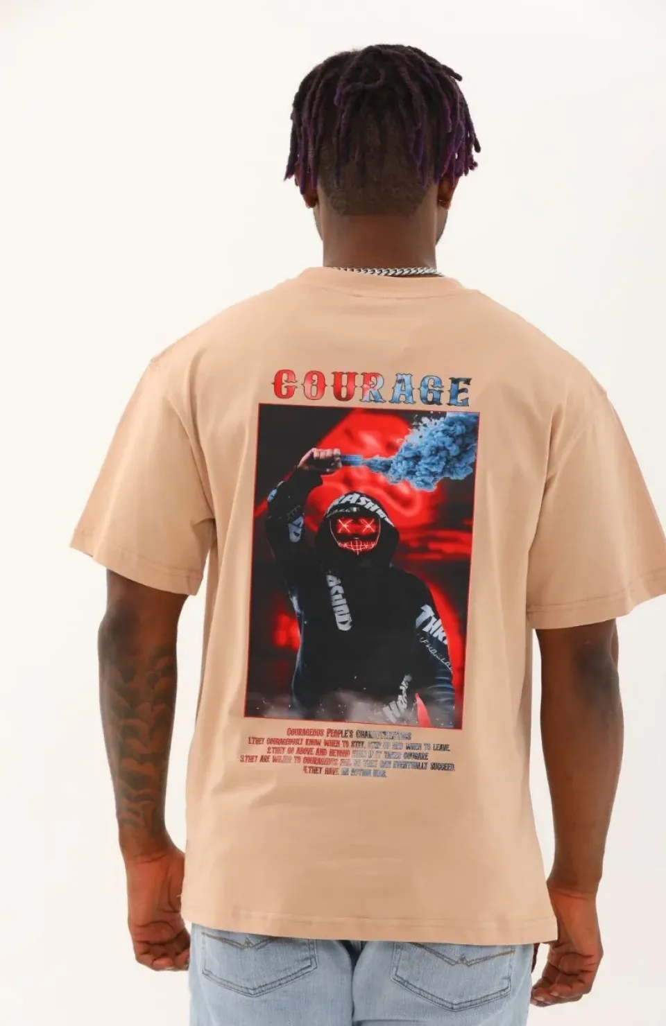 Unisex Oversize Baskılı Bisiklet Yaka T-Shirt - Bej