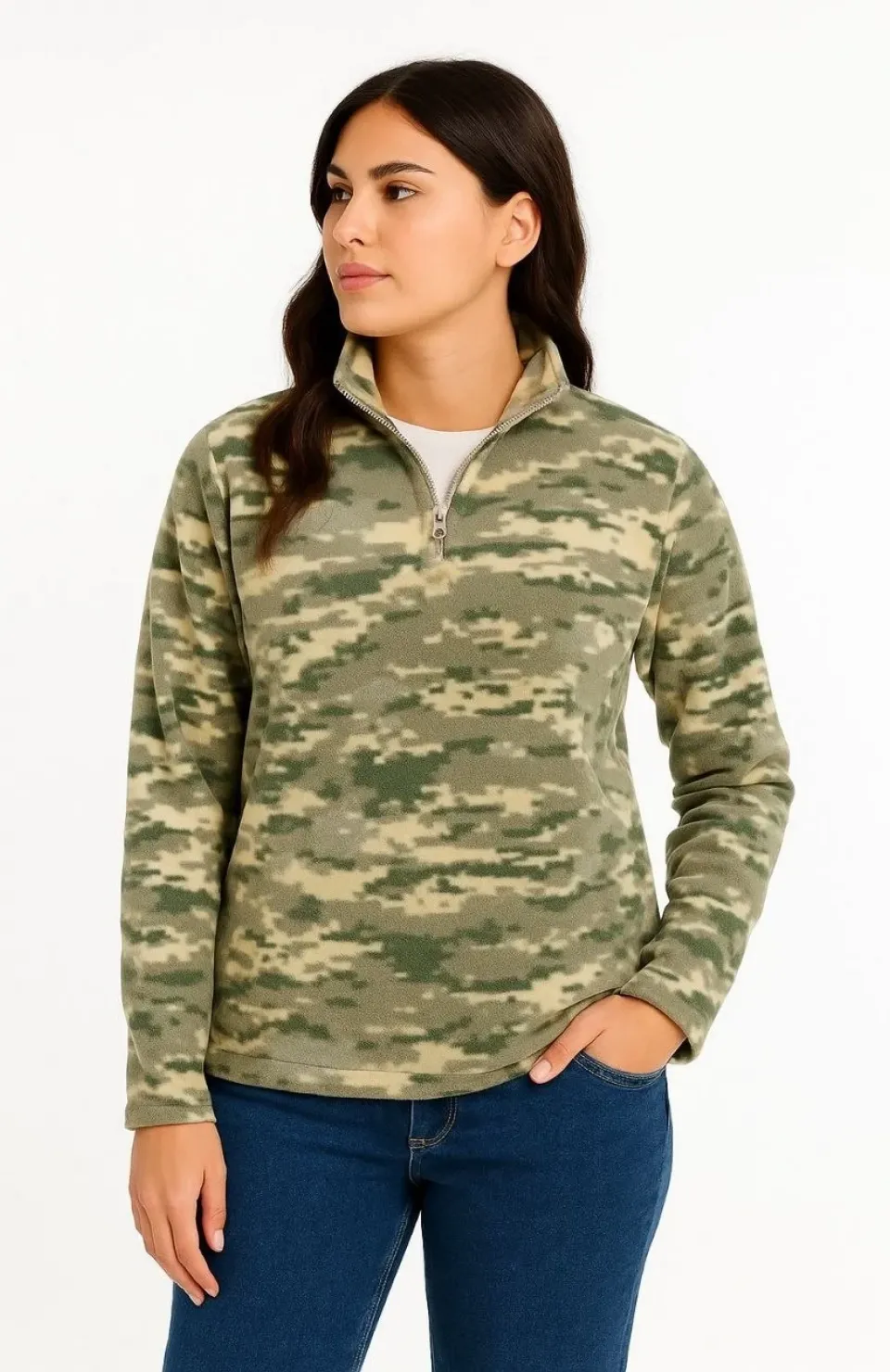 Kadın Yarım Fermuarlı Desenli Polar Sweat – Haki Kamuflaj Yakalı, Uzun Kollu, Oversize Rahat Kalıp - Haki