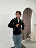 Erkek Oversize Dik Yaka Fermuarlı Sweatshirt - Zincir Nakışli Kanguru Cepli - Siyah