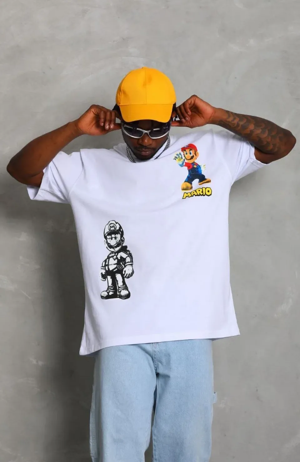 Unisex Oversize Baskılı Bisiklet Yaka T-Shirt - Beyaz