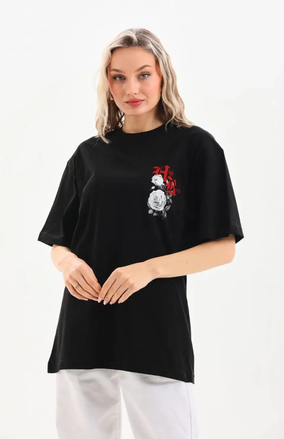 Unisex Baskılı Oversize T-Shirt - Siyah