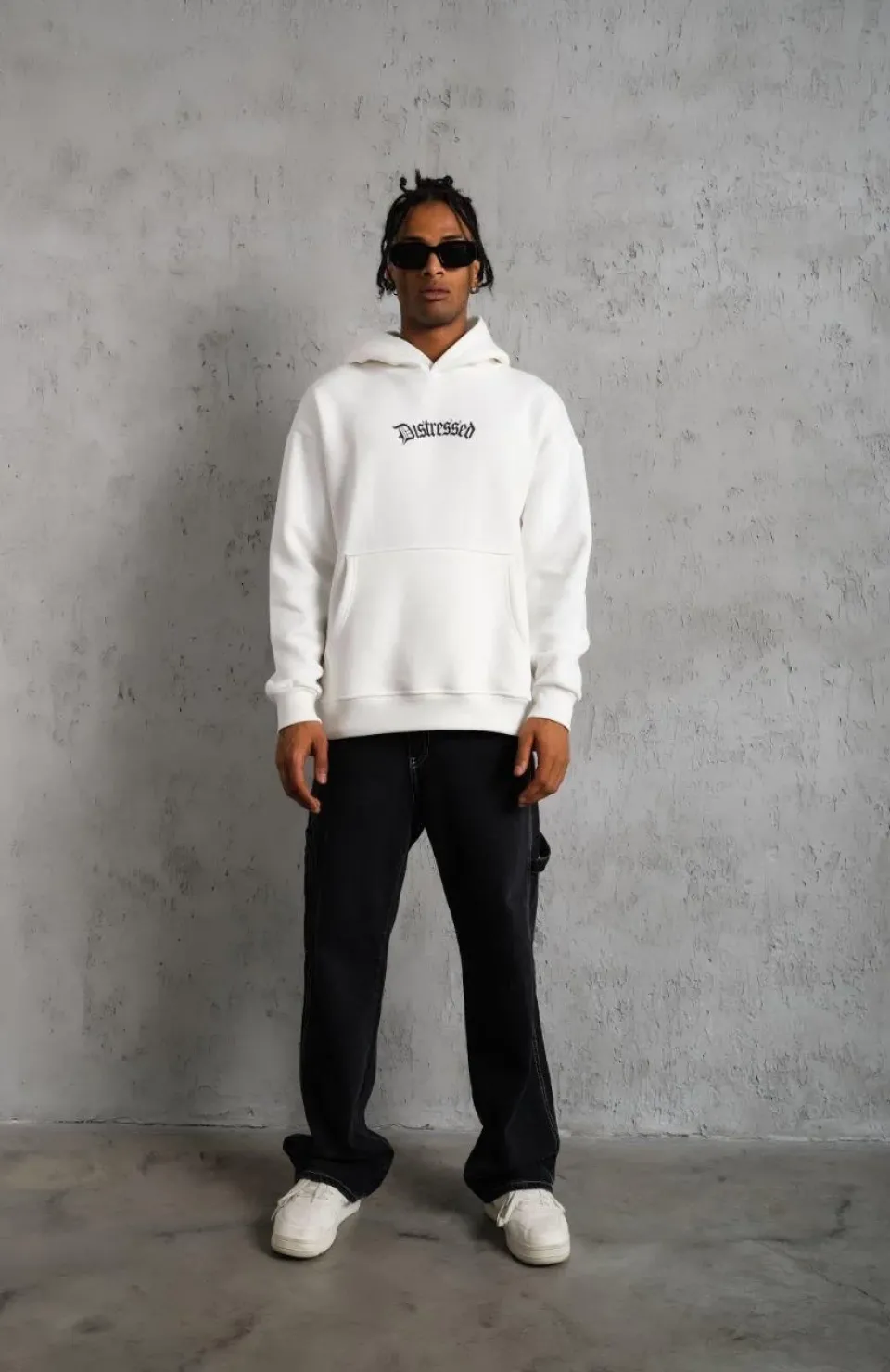 Erkek Üç İplik Baskılı Kapüşonlu Sweat - Beyaz