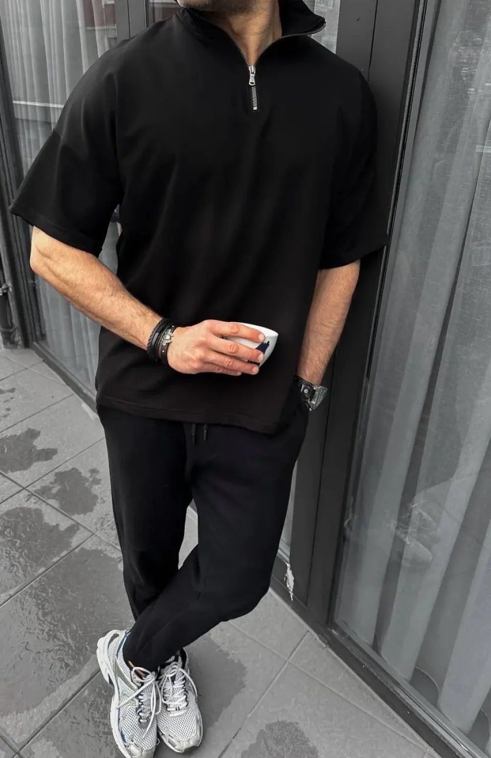 Unisex Yarım Fermuarlı Basic T-Shirt - Siyah