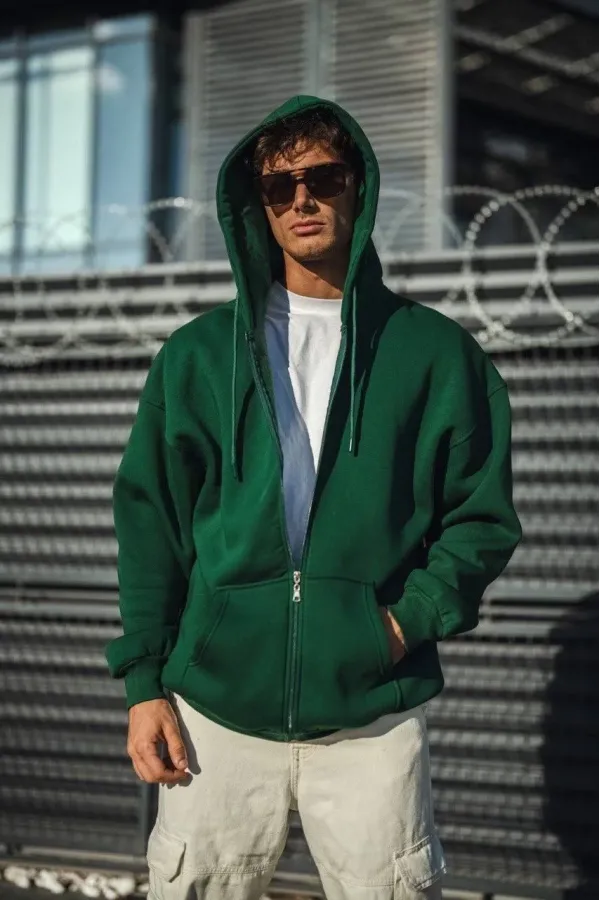 Oversize Tam Fermuarlı Uzun Kol Hırka - Haki