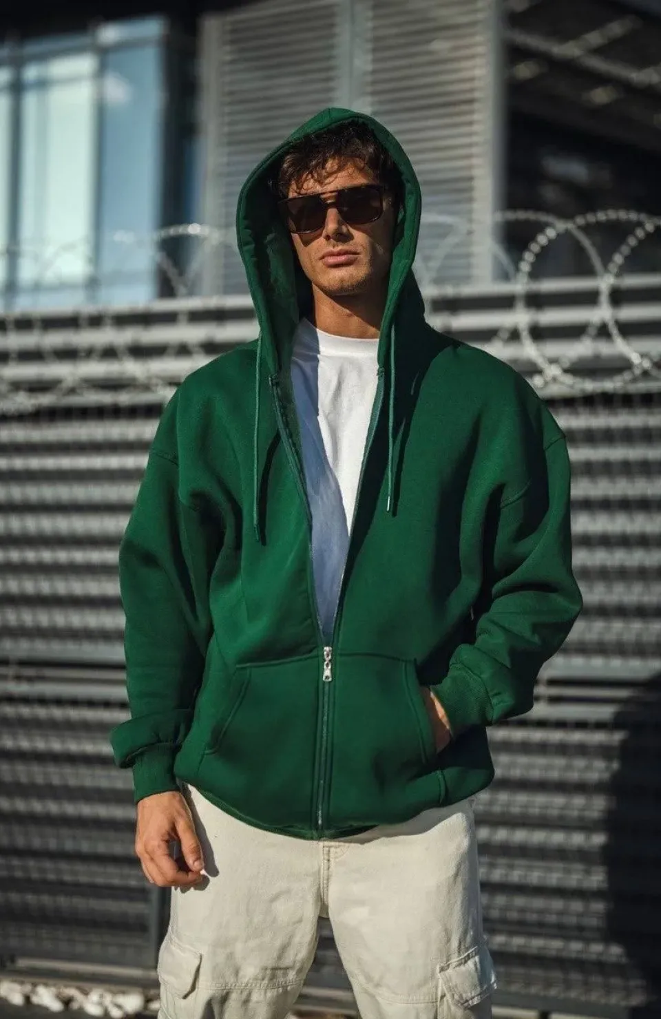 Oversize Tam Fermuarlı Uzun Kol Hırka - Haki