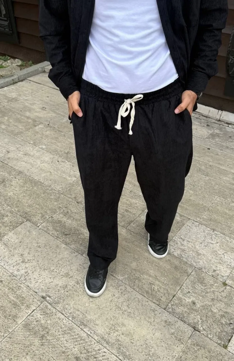 Erkek Fitilli Kadife Cepli Buggy Pantolon Oversize Rahat Kalıp - Siyah