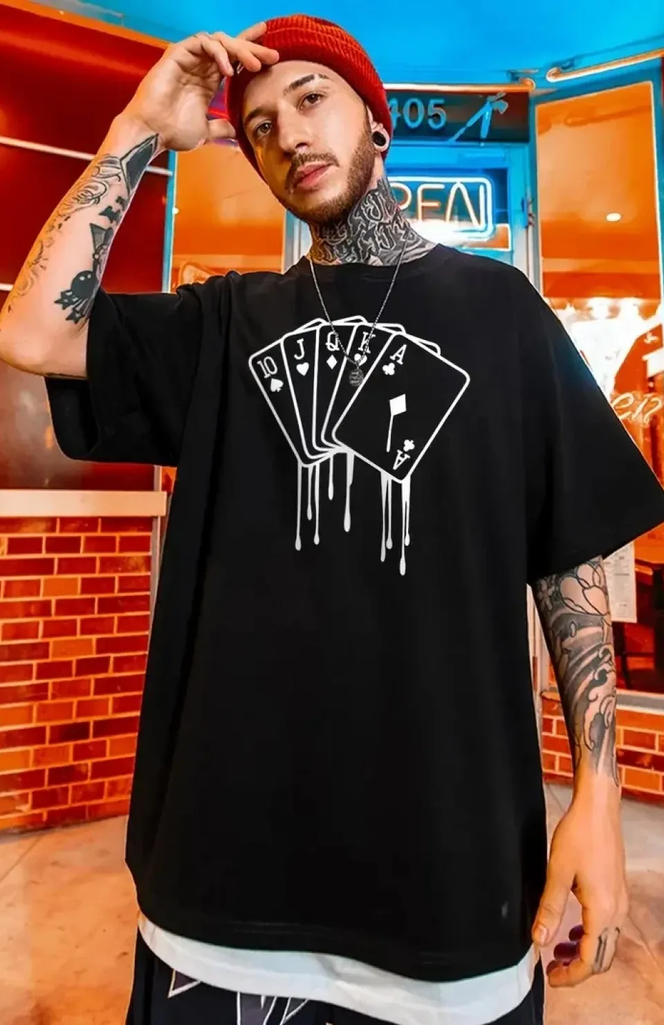 erkek büyük beden Kart baskılı düz renk kısa kollu bisiklet yaka tişört gündelik giyim - Siyah