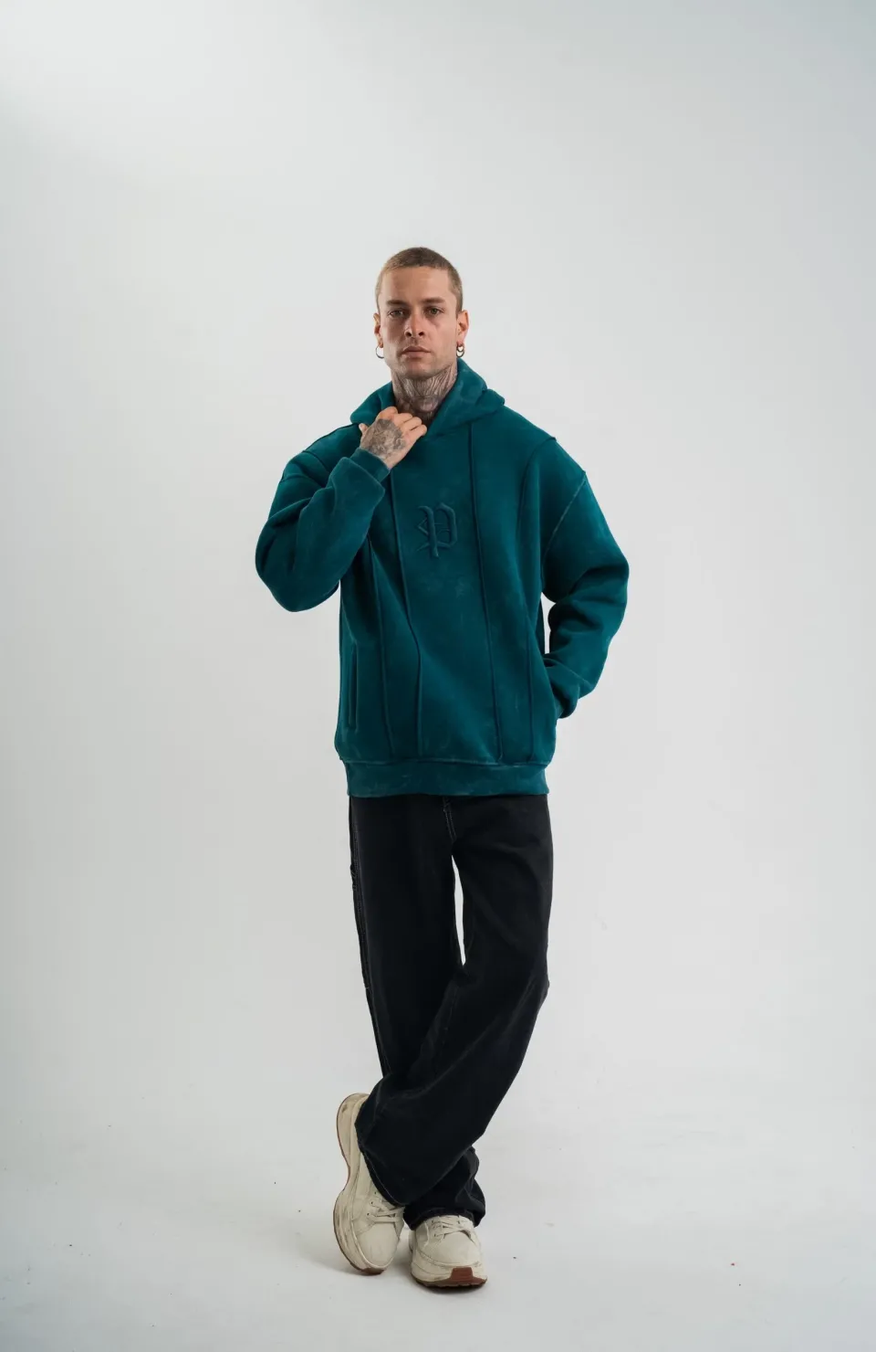 Unisex Uzun Kol Kapşonlu Yıkamalı Nakışlı SweatShirt - Koyu Deniz Yeşili