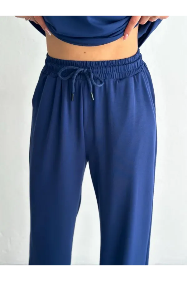 Osy Modal Yumuşak Dokulu Kumaş Kısa Kollu Yakalı T-shirt Pantalon ikili Takım- Lacivert