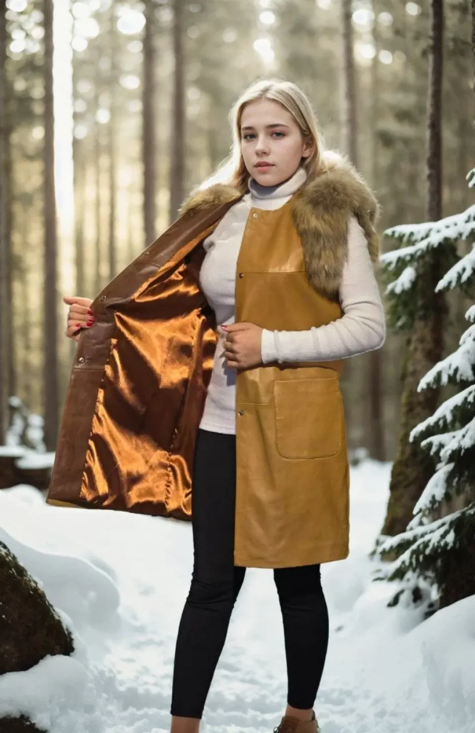 Kadın Kolsuz Hakiki Deri Kürk - Hardal