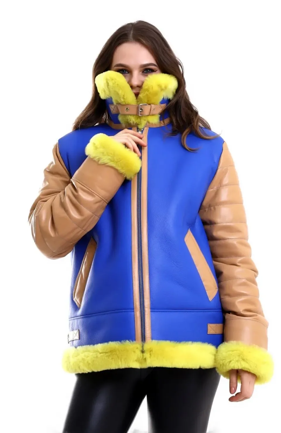 Kadın Koyun Derisi Pilot Hakiki Kürk - Sarı