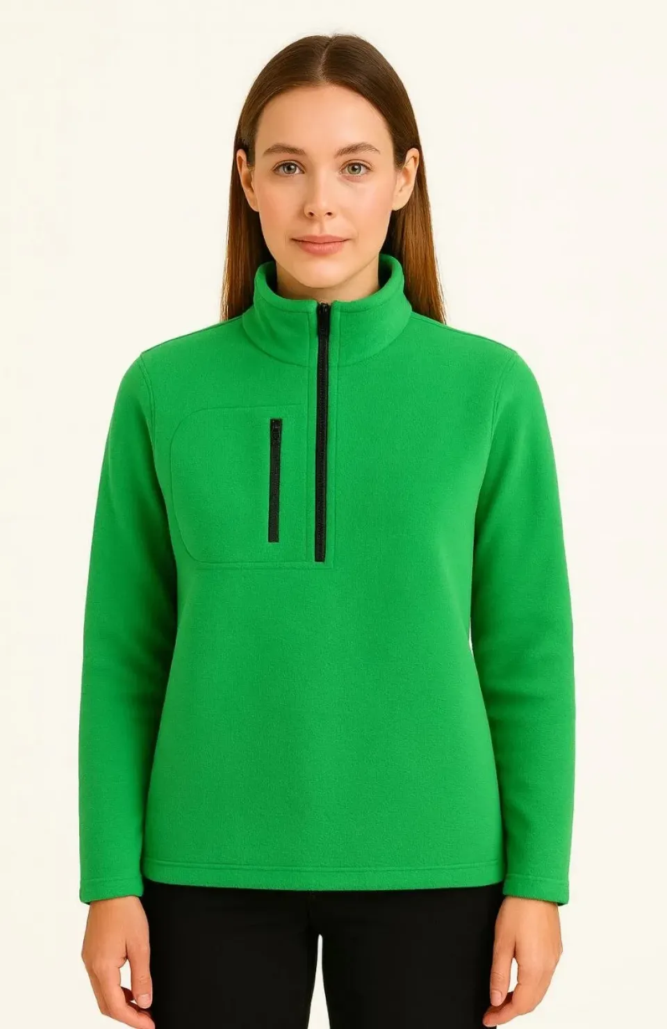 Kadın Polar Kazak – Dik Yaka, Yarım Fermuarlı, Fermuarlı Göğüs Cepli, Siyah Biyeli, Kışlık Rahat Regular Fit Günlük Model - Yeşil