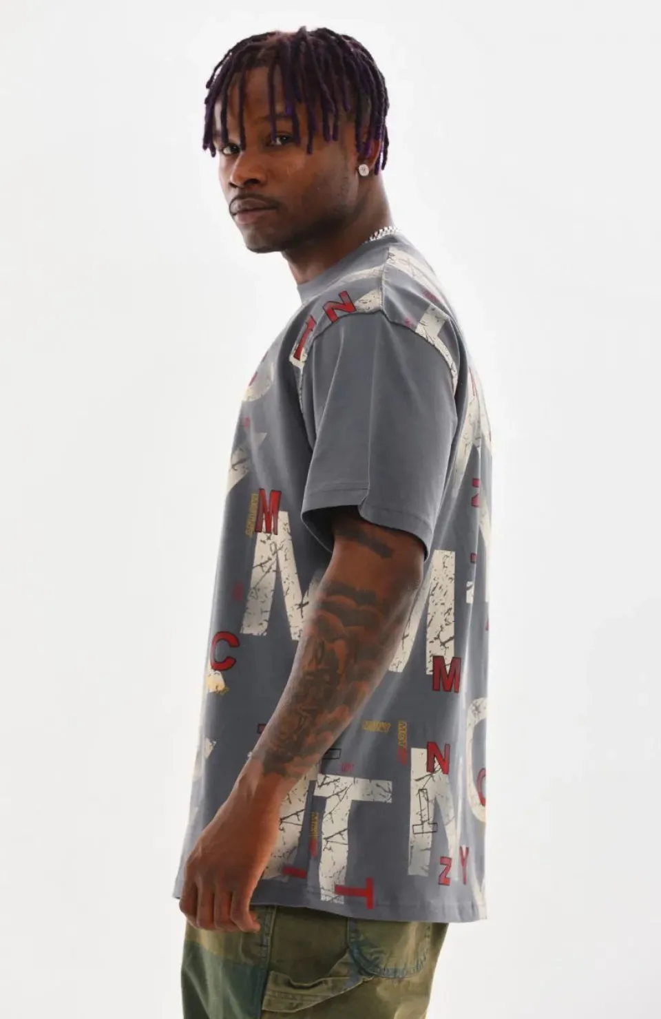 Unisex Baskılı Oversize T-Shirt - Füme