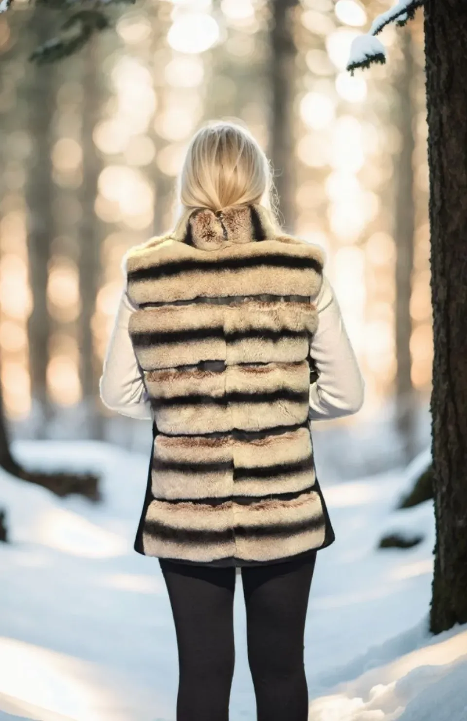 Kadın Kolsuz Hakiki Deri Kürk - Siyah