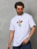 Unisex Bisiklet Yaka Baskılı Oversize T-Shirt - Beyaz