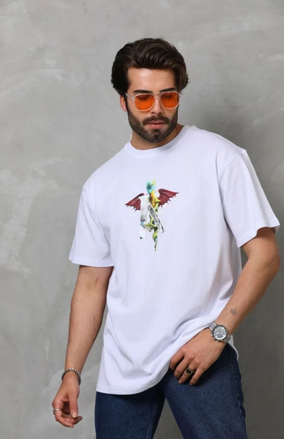 Unisex Bisiklet Yaka Baskılı Oversize T-Shirt - Beyaz