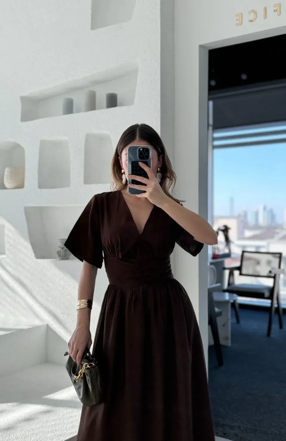 Kısa Kollu Uzun Elbise - Kahve