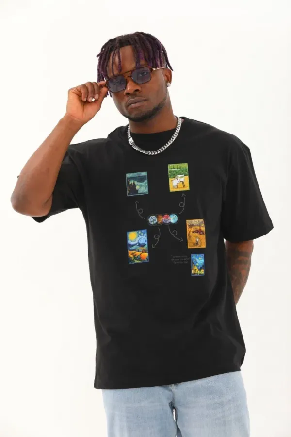 Unisex Oversize Baskılı Bisiklet Yaka T-Shirt - Siyah