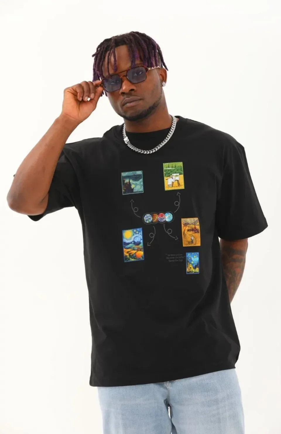 Unisex Oversize Baskılı Bisiklet Yaka T-Shirt - Siyah