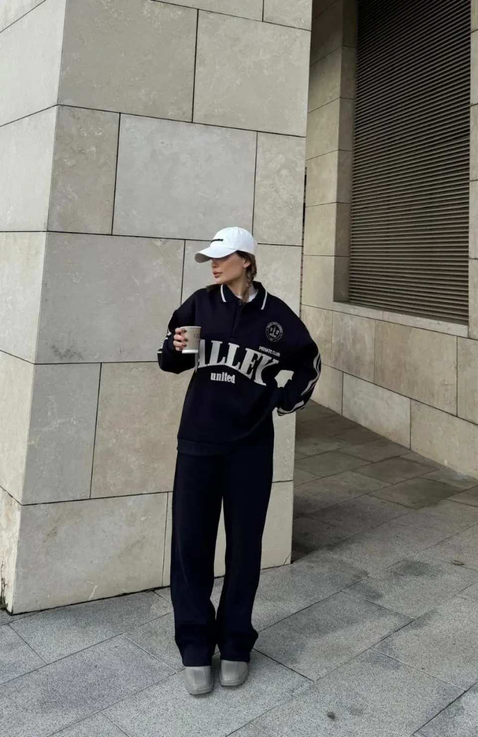 Üç İplik Yakalı Sweat Baggy Pantalonlu Takım - Siyah