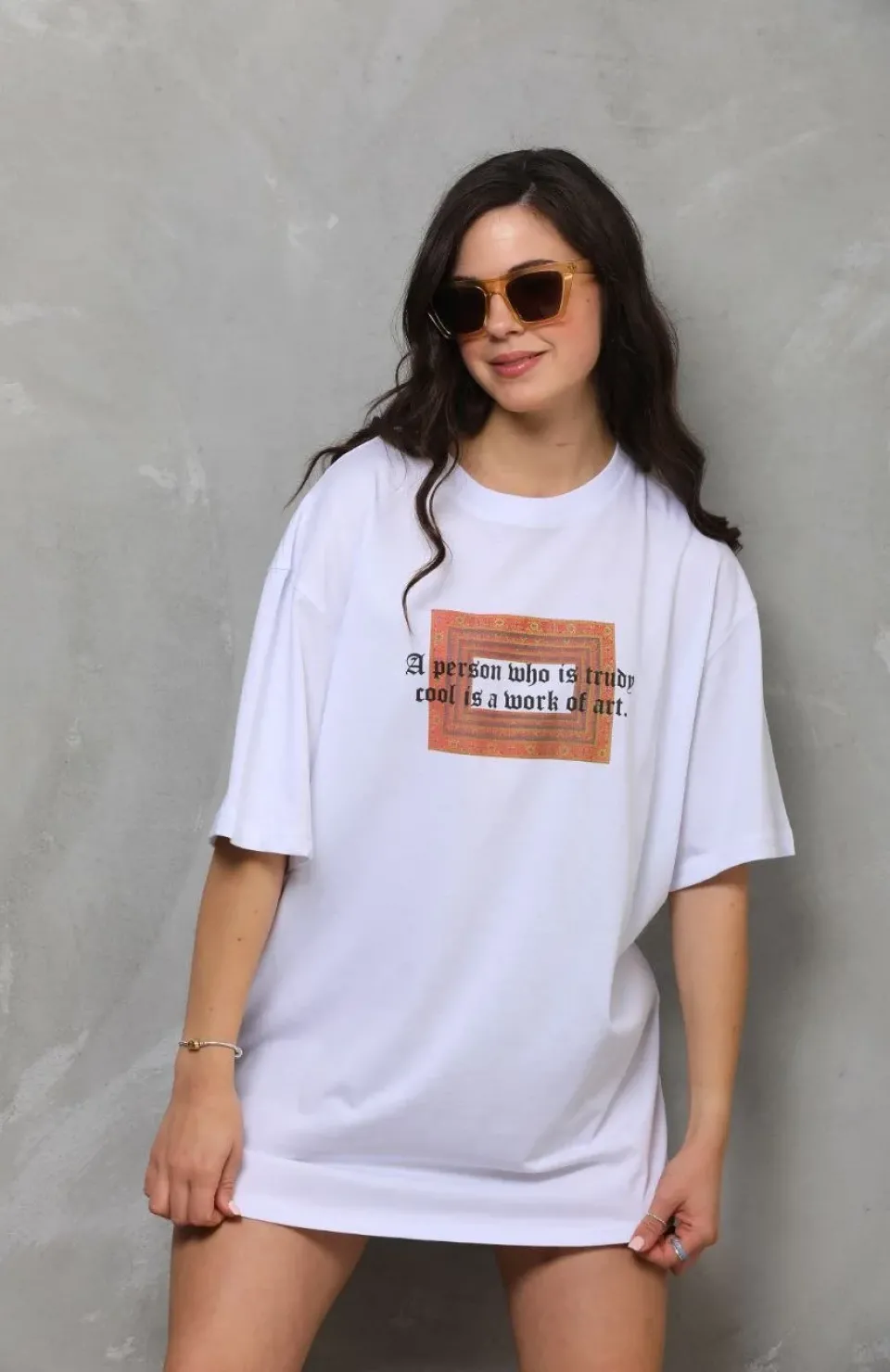 Unisex Bisiklet Yaka Baskılı Oversize T-Shirt - Beyaz