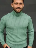 Erkek Balıkcı Yaka Bağazlı Triko Kazak Pamuklu Kalın Fitilli Dokuma, Regular Fit Uzun Kollu Kışlık Model - Mint Yeşili