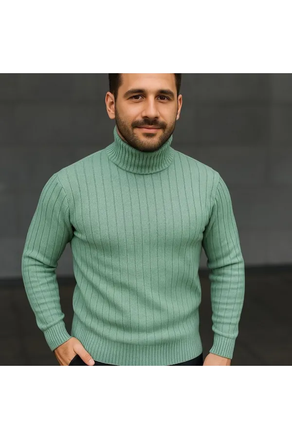 Erkek Balıkcı Yaka Bağazlı Triko Kazak Pamuklu Kalın Fitilli Dokuma, Regular Fit Uzun Kollu Kışlık Model - Mint Yeşili