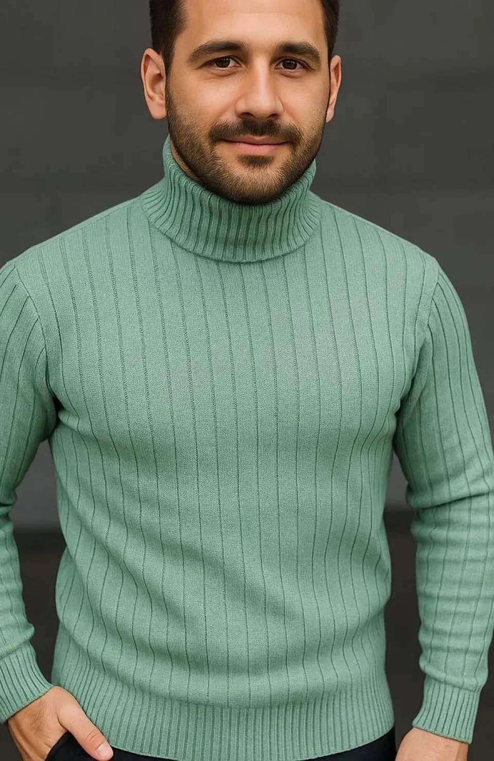 Erkek Balıkcı Yaka Bağazlı Triko Kazak Pamuklu Kalın Fitilli Dokuma, Regular Fit Uzun Kollu Kışlık Model - Mint Yeşili
