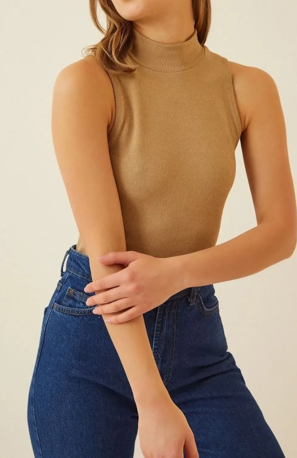 Kadın Full Likralı Fitilli Kaşkorse Body - Camel